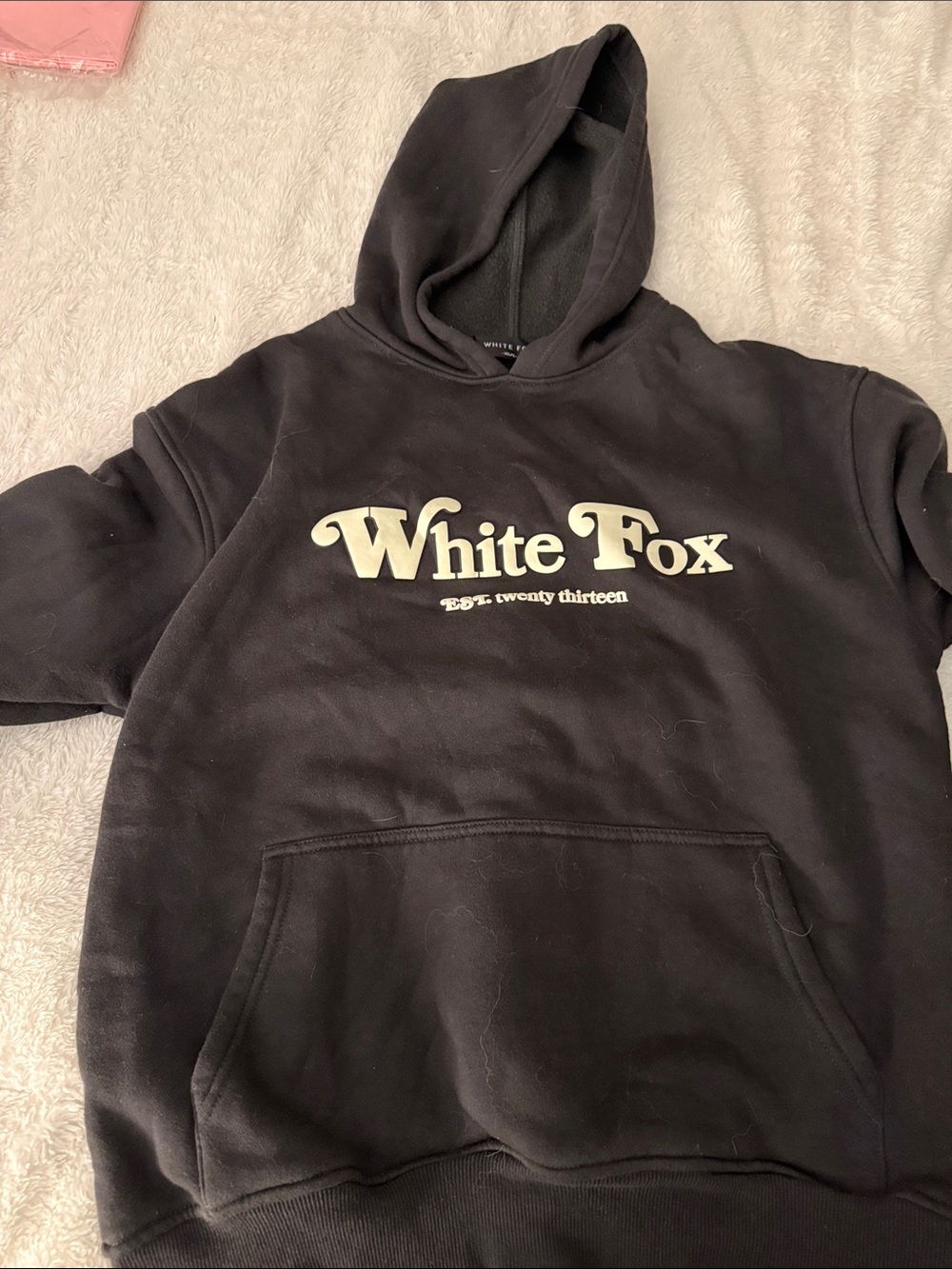 White Fox Boutique Black Logo Hoodie with Cream Script